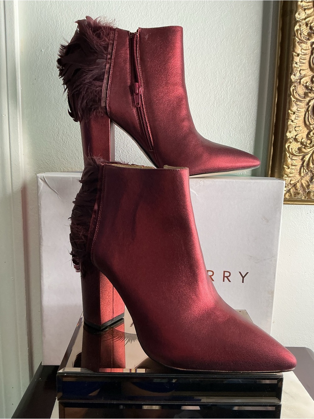 Katy Perry Collections Metallic Burgundy Ankle Boots with Feather Heel